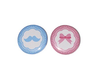 Gender Reveal, Mustache, Bow, 1.25", 1.5", 2.25", Pinback Button, Pink, Blue, Mister or Miss, Vote, VB539, VB554