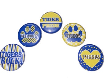 Tigers, 1", 1.25", Button, Yellow, Blue, Tiger Theme, Tiger Decor, Party Favor, Paw, Flatback, Pinback, SM007