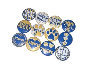Tigers, Royal Blue, Yellow, 1", 1.25", 1.5", 2.25", Button, Tiger Theme, Tiger Decor, Party Favor, Paw, Flatback, Pinback, SM007