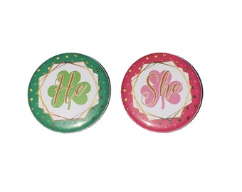 Gender Reveal, St. Patrick's Day, Pink, Green, Gold, 1.25", 1.5", 2.25", Pinback Button, Shamrock, Shower, He or She, Clover, VB547, VB537