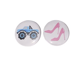 Wheels, Heels, Pink, Blue, 1.25", 1.5", 2.25", Pinback Button, Baby Shower, Baby Reveal, Boy or Girl, Trucks, High Heels, VB520, VB243