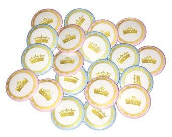 Gender Reveal, Crown, Blue, Pink, Gold, 1.5", 2.25", Pinback Button, Prince, Princess, Boy or Girl, Baby Reveal, Pink or Blue, VB306, VB343