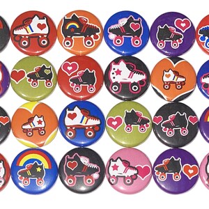 May include: Twenty-four colorful round buttons with various designs featuring roller skates, hearts, rainbows, and stars. The buttons are perfect for adding a fun and retro touch to any project.