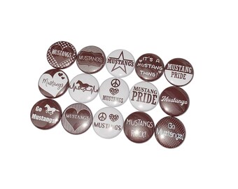 Mustangs, Maroon, White, 1", 1.25", Button, Horse, Horses, Mustang Theme, Mustang Decor, Flatback, Pinback, Badge, SM020