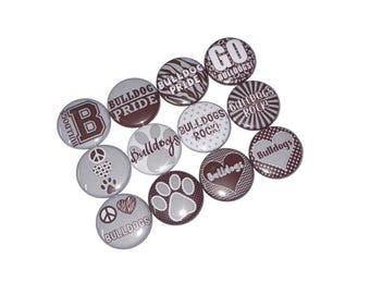 Bulldogs, Maroon, Gray, White, 1", 1.25", 1.5", 2.25", Button, Bulldog Theme, Bulldog Flatback, Bulldog Pinback, SM084