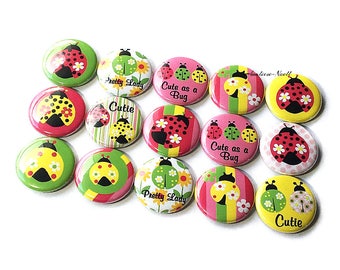 Lady Bugs 1", 1.25", Button, Pink Bug, Yellow Bug, Green Bug, Bug Button, Ladybug Theme, Ladybug Party Favor, Flatback, Pinback, Pin, B006
