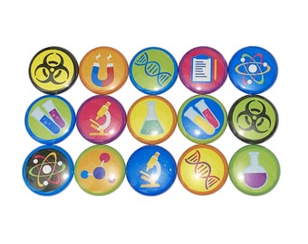 Science Magnet, Lab, 1", 1.25", 1.5", 2.25", Button Magnet, Hazard, Microscope, Beaker, Chemistry, DNA, Science Theme, Lab Theme, MS004