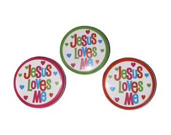 Jesus Loves Me Magnet, 1", 1.25", Button Magnet, Christian, Christian Magnet, Jesus Magnet, Church Magnet, VBS Party Favors, Cross, FT024