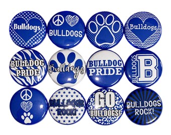 Bulldogs, Royal Blue, Black, White, 2.25" Pinback Button, 15 Buttons, Ready to Ship, SM050