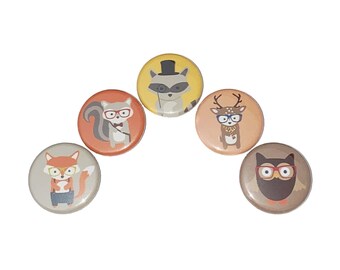 Woodland Animals, 1", 1.25", Button, Owl, Raccoon, Fox, Rabbit, Squirrel, Eyelglasses, Monocle, Woodland Flatback, Woodland Pinback, HT002