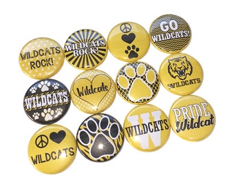 Wildcat, Yellow, Black, White, 1", 1.25", 1.5", 2.25", Button, Yellow Wildcat, School Colors, Flatback, Pinback, SM048