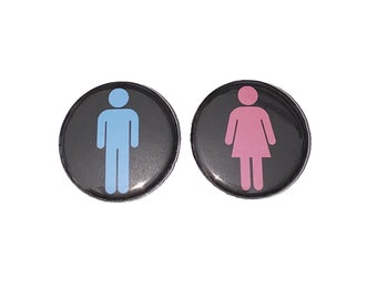 Gender Reveal, Blue, Pink, Black, 1.25", 1.5", 2.25", Pinback Button, He or She, Restroom Sign, Male or Female, Boy or Girl, VB360, VB365
