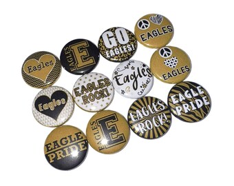 Eagles, Black, Gold, 1", 1.25", 1.5", 2.25", Button, Eagles Theme, Eagles Decor, Party Favor, Gift, Eagle Flatback, Eagle Pinback, SM043