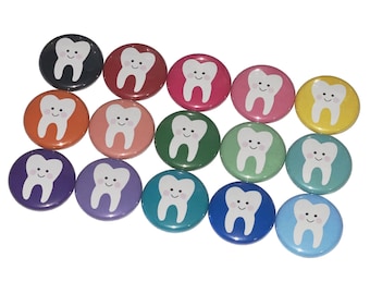 Tooth, Teeth, 1", 1.25", 1.5", Button, Dentist, Dental, Dental Theme, Dental Decor, Oral Hygiene, Party Favor, Flatback, Pinback, Pin, DT004