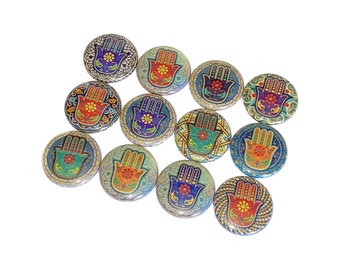 Hamsa Hand, Fatima Hand, 1", 1.25", 1.5", 2.25", Button, Hand of Fatima, Hamsa Decor, Fatima Decor, Hamsa Theme, Flatback, Pinback, SY013