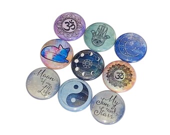 Peace, 1", 1.25", 1.5", 2.25", Button, Zen, Om Symbol, Eye, Hamsa Hand, Fox, Moon, Ying Yang, Om, Flatback, Pinback, Pin, Badge, SY005