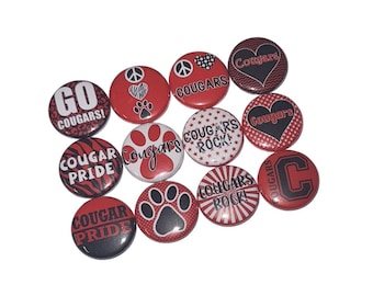 Cougar, Red, Black, 1", 1.25", 1.5", 2.25", Button, Cougars, Cougar Theme, Cougar Decor, Party Favor, Red Cougar, Flatback, Pinback, SM018