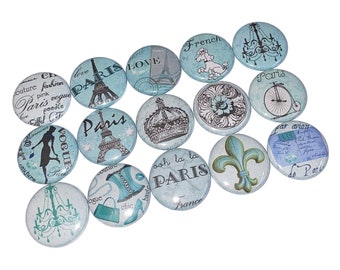 Paris, 1", 1.25", 1.5", 2.25", Button, Paris Theme, Paris Decor, France, Eiffel Tower, Green-Blue, Aqua, Gift, Flatback, Pinback, TS018