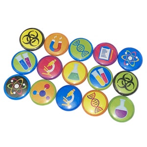 Science, Lab, 1&quot;, 1.25&quot;, 1.5&quot;, 2.25&quot;, Button, Hazard, Microscope, Beaker, Chemistry, DNA, Science Theme, Lab Theme, Flatback, Pinback, MS004