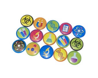 Science, Lab, 1", 1.25", 1.5", 2.25", Button, Hazard, Microscope, Beaker, Chemistry, DNA, Science Theme, Lab Theme, Flatback, Pinback, MS004