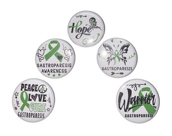 Green Ribbon, Gastroparesis, 1", 1.25", 1.5", 2.25", Button, Green Ribbon Theme, Flatback, Pinback, Pin, CA058