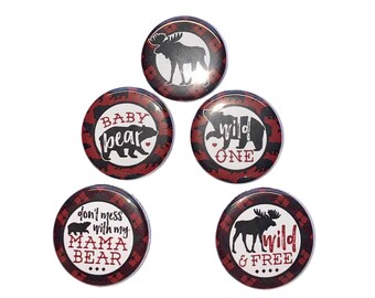 Lumberjack Magnet, 1", 1.25", 1.5", 2.25", Button Magnet, Moose Magnet, Bear Magnet, Red Plaid, Hunting, Bear, Moose, Red Flannel, Red, A004