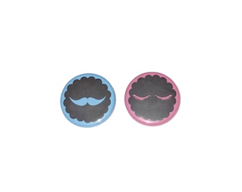 Gender Reveal, Lashes, Staches, 1.25", 1.5", 2.25", Pinback Button, Chalkboard, Reveal, Pink or Blue, Boy or Girl, Baby Votes, VB322, VB393