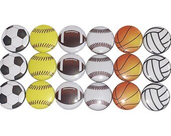 Sports Balls Magnet, 1", 1.25, Button Magnet, 18 Buttons, Softball Magnet, Volleyball Magnet, Basketball, Soccer Ball, Football, SE046