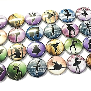 May include: A collection of 20 round, colorful, 1-inch diameter buttons featuring silhouette images of ballerinas in various poses. The buttons are perfect for crafts, scrapbooking, and adding a touch of elegance to any project.