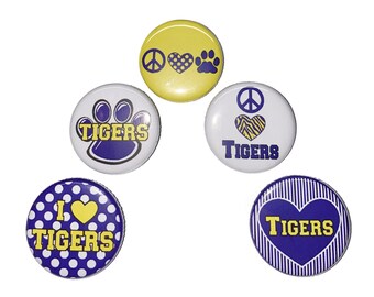 Tiger Magnet, Yellow, Purple, 1", 1.25", Button Magnet, Tiger Theme, Tigers, SM021