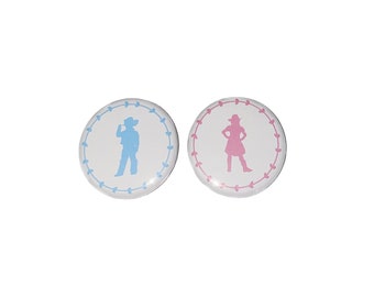 Gender Reveal, Western, Pink, Blue, 1.25", 1.5", 2.25", Pinback Button, Girl or Boy, Boy or Girl, Cowboy or Cowgirl, Reveal, VB257, VB230
