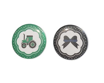 Gender Reveal, Tractors, Bows, Black, Green, 1.25", 1.5", 2.25", Pinback Button, Green Tractor, Tractor Baby Shower, Baby Vote, VB227, VB161