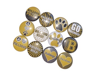 Bulldogs, Black, Gold, 1", 1.25", 1.5", 2.25", Button, Bulldog Theme, Bulldog Flatback, Bulldog Pinback, SM064