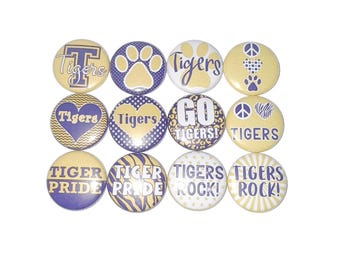 Tiger Magnet, Purple, Yellow, 1", 1.25", 1.5", 2.25", Button Magnet, Tiger Theme, Tigers, SM021