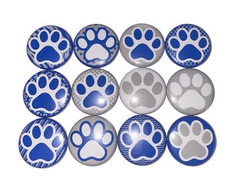 Paw Magnet, Blue, Gray, White, 1", 1.25", 1.5", 2.25", Button Magnet, Blue Paw, Gray Paw, White Paw, School Colors, School Pride, Paw, PP028