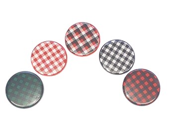 Plaid, 1", 1.25", 1.5", 2.25", Button, Black Decor, Plaid Decor, Red Decor, Plaid Pattern, Black, Red, White, Flatback, Pinback, BK028
