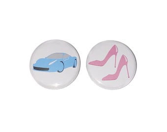 Wheels or Heels, Gender Reveal, Pink, Blue, 1.25", 1.5", 2.25", Pinback Button, Girl or Boy, Baby Reveal, Blue Car, Pink Heels, VB173, VB243