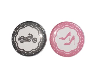 Wheels or Heels, Black, Pink, Motorcycle, 1.25", 1.5", 2.25", Pinback Button, Black Motorcycle, Baby, Gender Reveal, Pink Heel, VB181, VB167