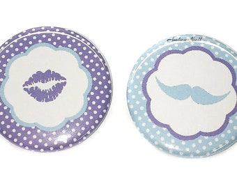 Gender Reveal, Kiss, Stach, Lavender, Blue, 1.25", 1.5", 2.25", Pinback Button, Reveal, Blue Mustache, Lavender Kiss, Easter, VB367, VB368