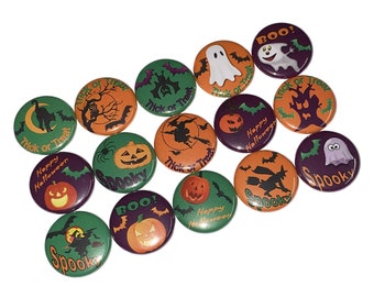 Halloween, 1", 1.25", Button, Halloween Theme, Halloween Party Favor, Ghost, Witch, Bat, Pumpkin, Cat, Flatback, Pinback, Pin, Badge, H004