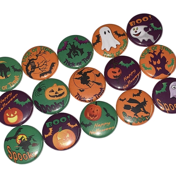 Halloween, 1", 1.25", Button, Halloween Theme, Halloween Party Favor, Ghost, Witch, Bat, Pumpkin, Cat, Flatback, Pinback, Pin, Badge, H004