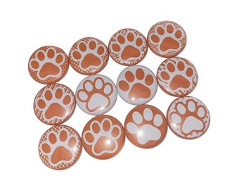 Paws, Orange, White, 1", 1.25", 1.5", 2.25", Button, White Paw, Orange Black Paw, School Spirit, School Pride, Flatback, Pinback, Pin, PP033