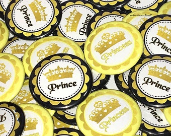 Gender Reveal, Black, Yellow, Gold, 1.25", 1.5", 2.25", Pinback Button, Prince or Princess, Bee Theme, Crown, Baby Shower, VB303, VB313