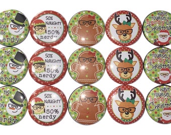 Christmas Magnet, Nerd, 1", 1.25", 1.5", 2.25", Button Magnet, Santa, Reindeer, Snowman, Gingerbread Man, Elf, Flatback, Pinback, Pin, X019