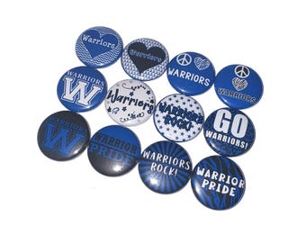 Warrior, Royal Blue, White, Black, 1", 1.25", 1.5", 2.25", Button, Warrior Theme, Warrior Flatback, Warrior Pinback, SM094