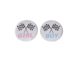 Gender Reveal, Racing, Pink, Blue, 1.25", 1.5", 2.25", Pinback Button, Girl or Boy, Team Boy, Team Girl, Racing Baby Shower, VB067, VB163