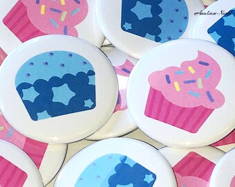 Gender Reveal, Muffin, Cupcake, 1.25", 1.5", 2.25", Pinback Button, Pink, Blue, Girl or Boy, Pink or Blue, Baby Reveal, Vote, VB219, VB301