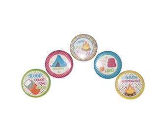 Hiking, Camping, 1", 1.25", 1.5", 2.25", Button Magnet, Tent, Sleeping Bag, Birthday, Party Favor, Outdoor Party, Camp Fire, Outdoors, OH001