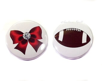 Gender Reveal, Bows, Footballs, 1.25", 1.5", 2.25" Pinback Button, Baby Shower, Boy or Girl, Baby Reveal, Football Baby Shower, SE057, VB160