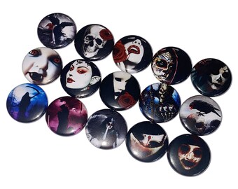 Gothic, 1", 1.25", 1.5", 2.25", Button, Goth, Blood, Goth Theme, Party Favor, Halloween, Fear, Vampire, Goth Flatback, Goth Pinback, D015